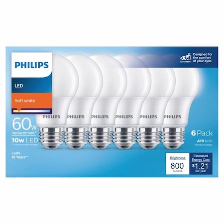 Philips Philips A19 E26 (Medium) LED Bulb Soft White 60 Watt Equivalence 6 pk 565465